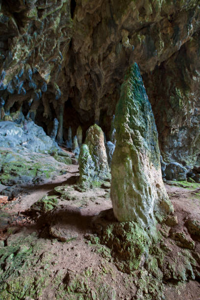 Moss covered rocks in Nimara Cave in Marmaris, Turkey stock photo
