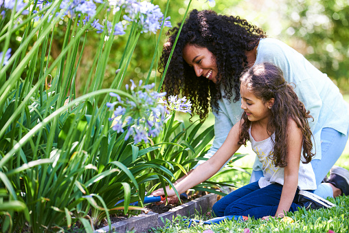 Happy mother and daughter planting together in garden