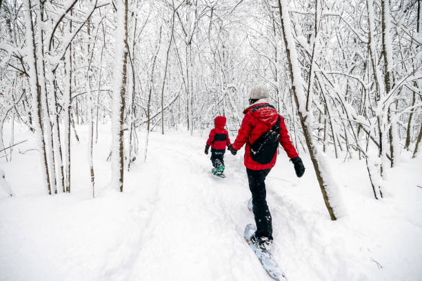 Mother and Son Snowshoeing Outdoors in Winter During Snowstorm stock photo