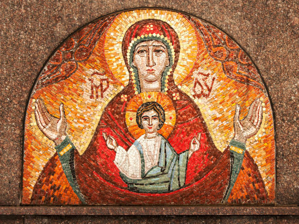 Mother of God with Jesus. Old ethno picture of stones (religion, Christianity, faith concept) Mother of God with Jesus. Old ethno picture of stones (religion, Christianity, faith concept) byzantine stock pictures, royalty-free photos & images