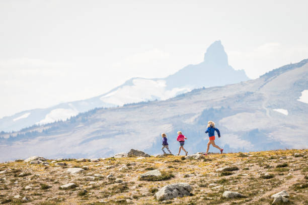 Mother with daughters running on top of ridge. stock photo