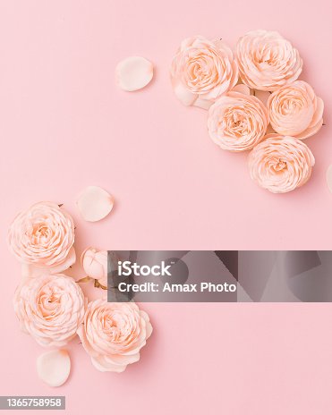 istock Mother’s Day flower flat lay on pink background. Top view composition 1365758958