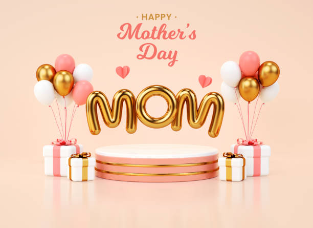Mother's day podium platform with gold letters for greeting card or banner background template. Modern poster with festive decoration scene for celebrate mom love in 3D illustration stock photo