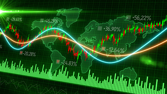 Motion of red green candle stick graph chart of stock market trading with world map background, Bullish Bearish stock point. Economy trends charts for business. Financial investment concept. For design content