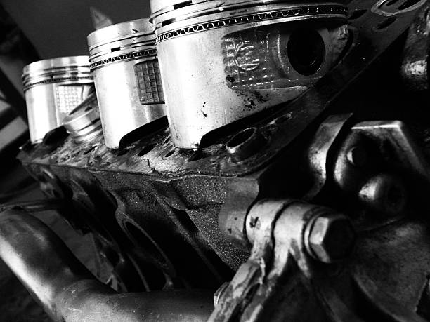 Motor Block and Pistons in Black and White stock photo