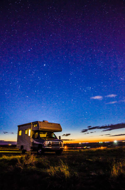 Motor home and sunset stock photo