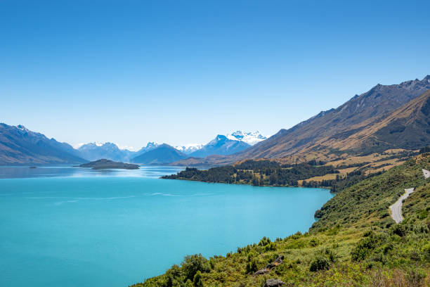 Mount Alfred with Lake Wakatipu was shot from Bennetts Bluff Lookout in Glenorchy to Queenstown Road. stock photo