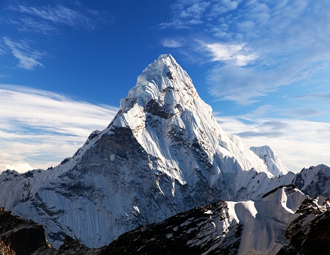 Mount Ama Dablam within clouds, way to Everest base camp, Khumbu valley, Solukhumbu Sagarmatha national park, Everest area, nepalese himalayas, Nepal
