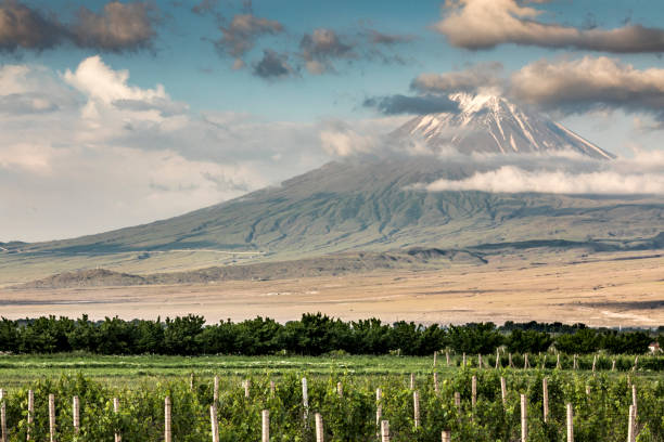 berg ararat in turkije in een landschap van armenië - armenia stockfoto's en -beelden