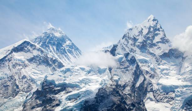 Mount Everest and Nuptse with clouds from Kala Patthar stock photo