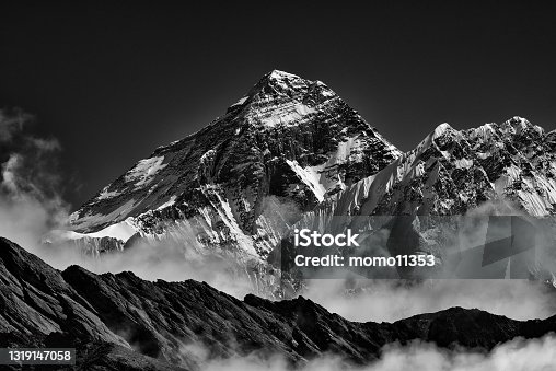 istock Mount Everest, the highest mountain in the world, of Himalayas in Nepal (black and white) 1319147058