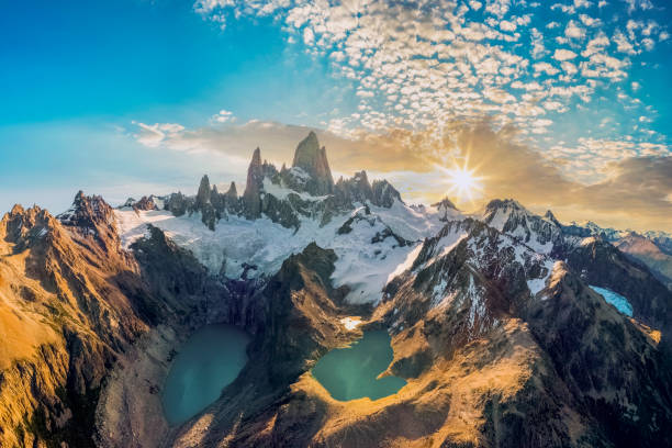 Mount Fitz Roy with Laguna de los Tres and laguna Sucia, Patagonia, Argentina Argentina, Chalten, Famous Place, Lake, Mt Fitzroy, aerial view andes stock pictures, royalty-free photos & images