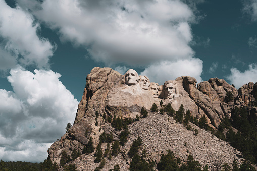 The world famous Mount Rushmore National Monument outside of Rapid City, South Dakota. Processed with a retro-look, that harkens back to the 1920’s to 1940’s when the monument was created.