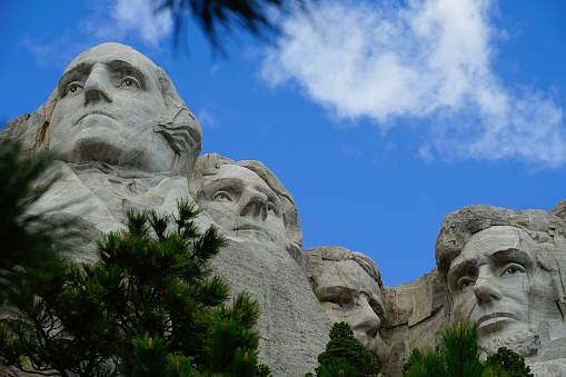 Low angle view of the world famous Mount Rushmore National Monument outside of Rapid City, South Dakota.