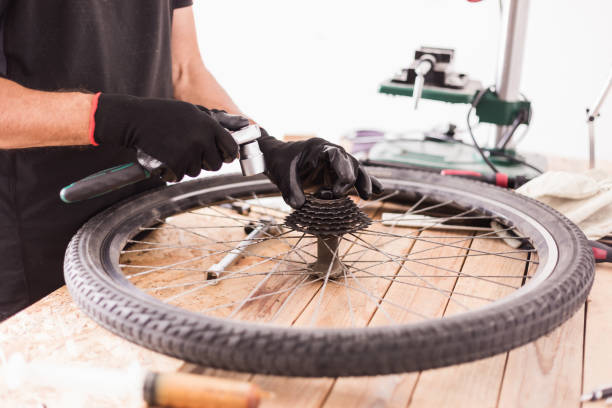 Mountain bike rear wheel servicing stock photo