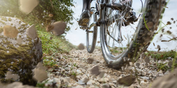 Mountain bike wheel on a gravel track Low angle view of a mountain bike wheel in action. Dirt track with a lot of flying gravel. mountain bike stock pictures, royalty-free photos & images