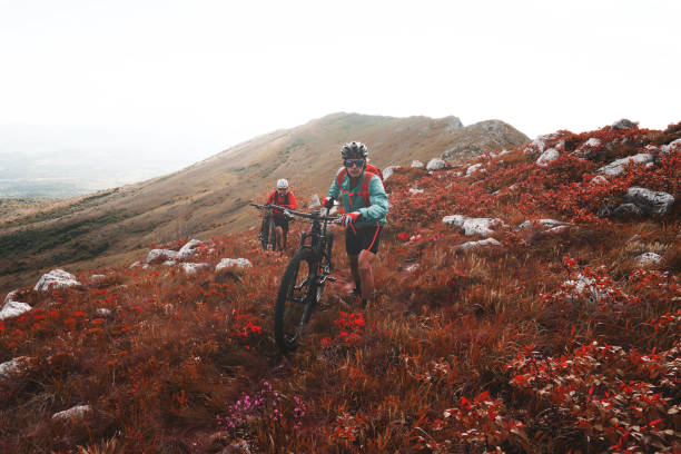 Mountain cycling Male and female bikers are having a ride through the rocky mountains. georgijevic mountain biker stock pictures, royalty-free photos & images