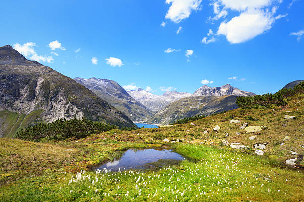Mountain Lakes "Kolnbrein lake, view from the mountain.Kolnbrein Reservoir is dammed up by Austriaaas largest barrage wall, Kolnbrein Dam." hohe tauern range stock pictures, royalty-free photos & images