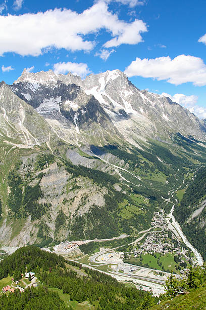 Mountain landscape of Mont Blanc massif and Giant's tooth stock photo