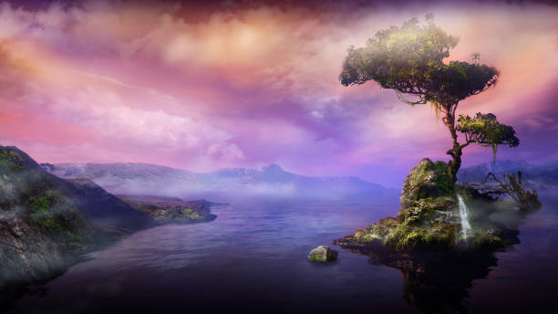 Mountain landscape with a tree on a lake island, 3D render. stock photo