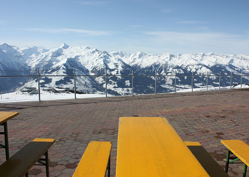 Mountain open air restaurant. Zell am See skiing resort, Alps.