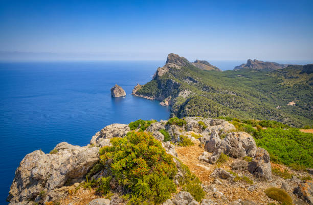 Mountain range Serra de Tramuntana near the Cap Formentor on Spanish Balearic island of Majorca / Spain stock photo