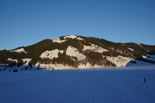 Mountain slope with coniferous forest ans snow illuminated by sun on a clear winter day. Underneath there is snow covered plain with cross country skiing trail. The ground is in shadow.
