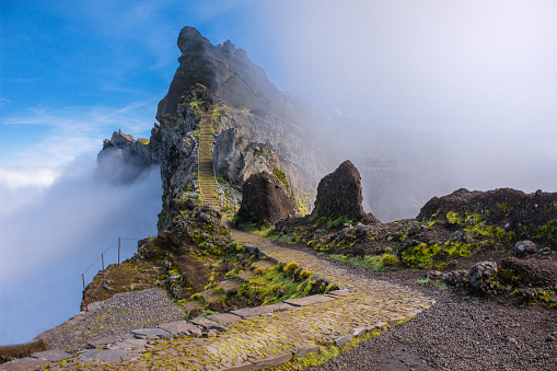 mountain-trail-in-madeira-above-the-clouds-picture-id510700592