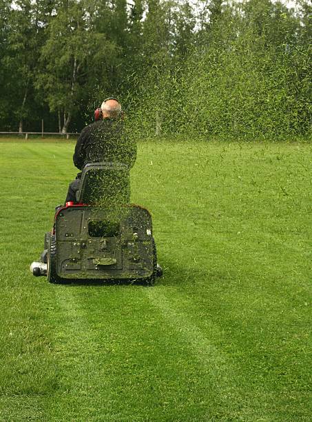 Mowing soccer field stock photo
