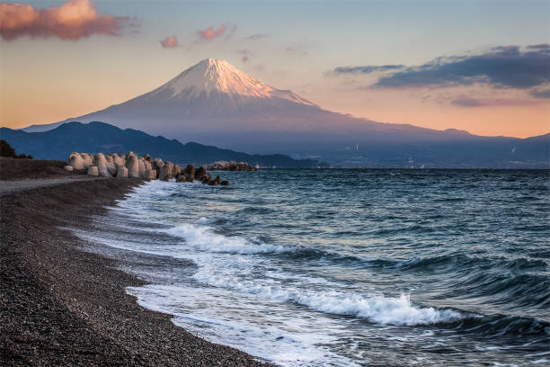 Mt. Fuji and sea beach stock photo