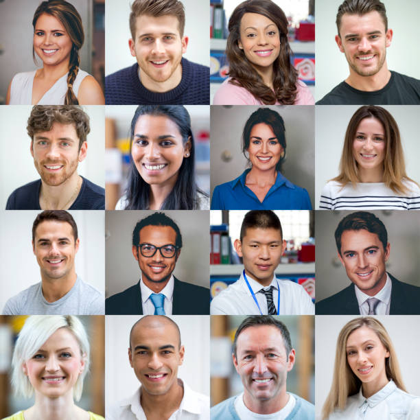 Multi Ethnic Adult Portraits Collage made of sixteen headshots of adults. They are a mix of genders, ages and ethnicities. same person different outfits stock pictures, royalty-free photos & images