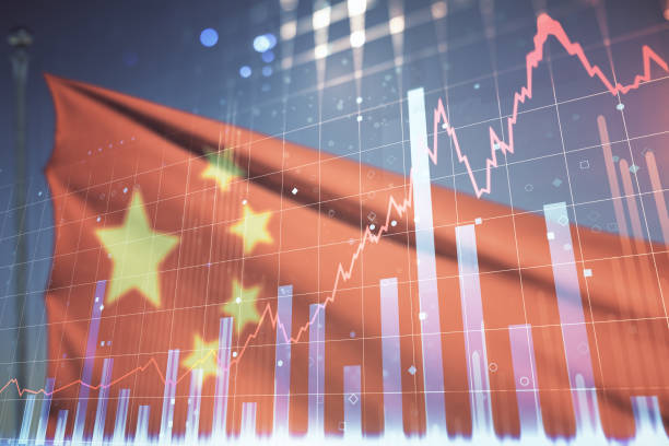 multiexponering av virtuell abstrakt finansiellt diagramgränssnitt på kinesisk flagga och solnedgångshimmelbakgrund, finans- och handelskoncept - china bildbanksfoton och bilder