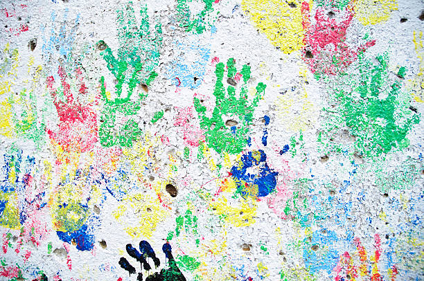 Multicolor handprints. stock photo