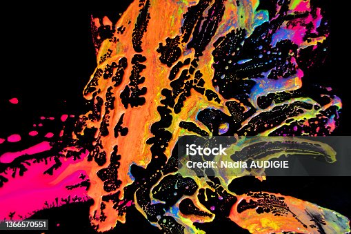 istock Multi-color paint drops and splotch on black background 1366570551