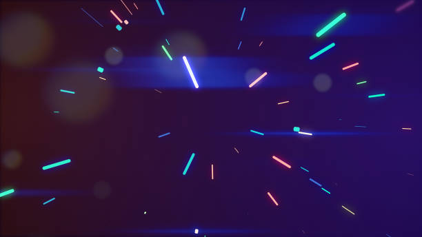 mångfärgade neon glödande strålar i tunnelrörelse med genomskinliga bokehpartiklar som flyter runt. - energetic jumping bokeh bildbanksfoton och bilder