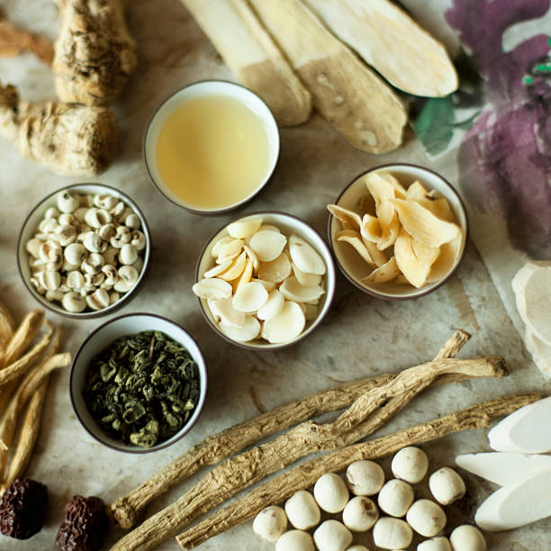 Multiple elements of traditional Chinese medicine stock photo