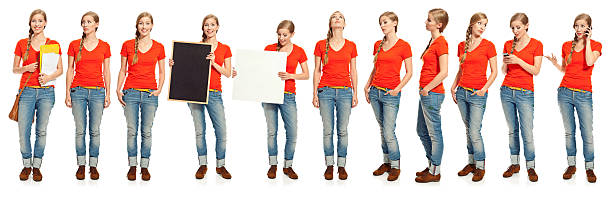 Multiple exposure of a young woman Collection of one young woman standing in different poses over white background. part of a series stock pictures, royalty-free photos & images