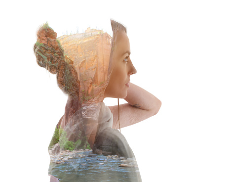 Multiple Exposure of a young woman remembering The Zion Narrows. Zion National Park.