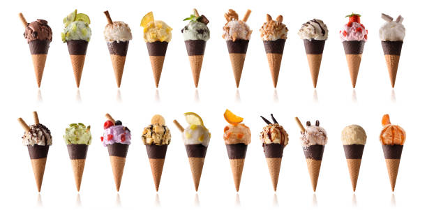 Multiple flavors of fruit ice cream sundaes Multiple flavors of cream ice cream balls decorated with fruit and wafers on semi-dipped chocolate cone dried food photos stock pictures, royalty-free photos & images