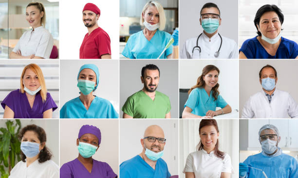 Multiple image of doctors and nurses in hospitals and clinics Multiple image of doctors and nurses in hospitals and clinics. Headshot portraits, smiling and looking at camera nurse face stock pictures, royalty-free photos & images