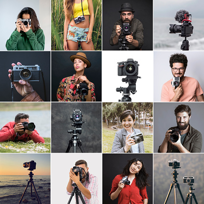 Multiple image of various photographer portraits with different type of cameras