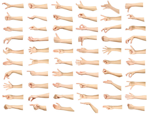 multiple images set of female caucasian hand gestures isolated over white background - hand imagens e fotografias de stock