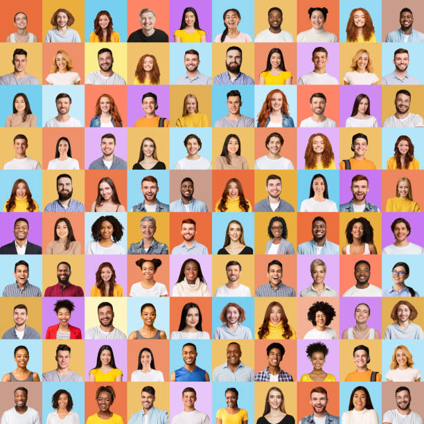 Multiple Portraits Of Happy And Successful People In Square Collage stock photo