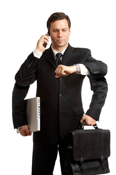 multi-tasker businessman redux four arms cellphone laptop briefcase on white - redux bildbanksfoton och bilder