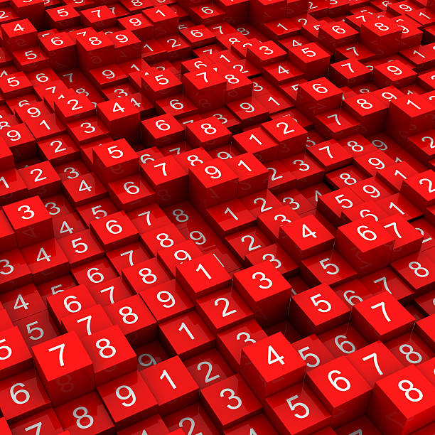 Multitude of red blocks with various numbers on them stock photo