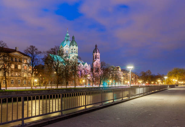 Munich. Church of St. Luke. Church of St. Luke in the night illumination. Munich. Bavaria river isar stock pictures, royalty-free photos & images