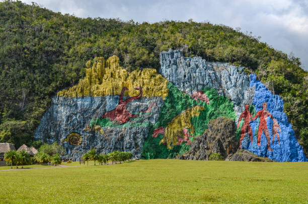 Mural de la Prehistoria, a giant mural painted on a cliff face in the Vinales area of Cuba. stock photo