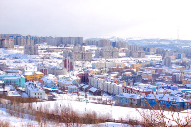 Murmansk. Cityscape. Lighthouse stock photo