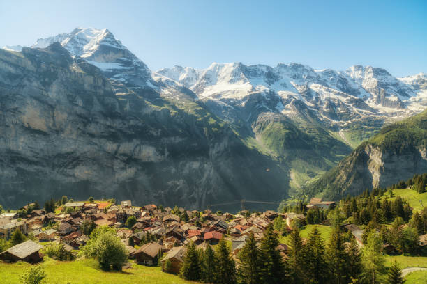 Murren is a picturesque town among the majestic Alps, Switzerland stock photo