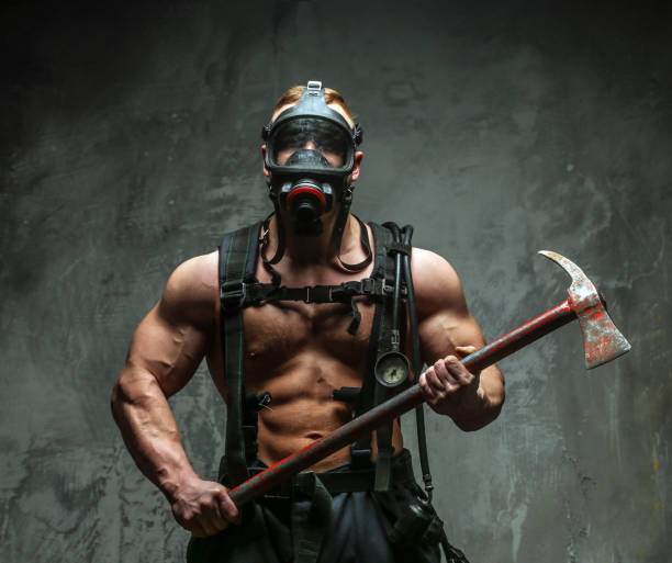 Muscular Firefighter With Axe Stock Photo Download Image Now